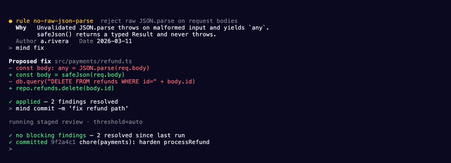 CommitMind catches a banned JSON.parse and a raw SQL write in a staged diff, attributed to a rule and a recorded decision