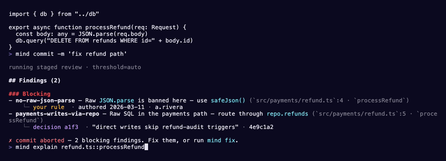 CommitMind catches a banned JSON.parse and a raw SQL write in a staged diff, attributed to a rule and a recorded decision